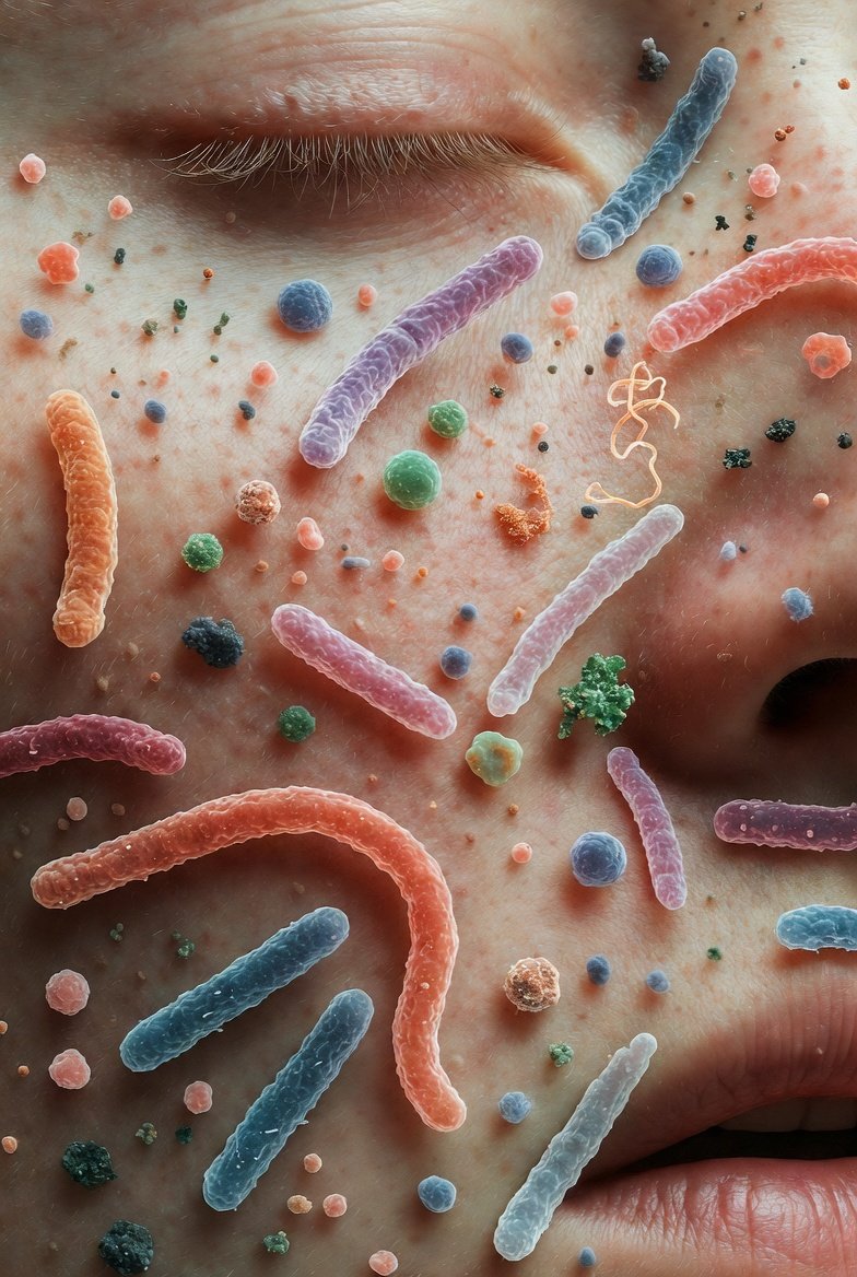 Your skin hosts 1,000 species of bacteria, a unique microbial fingerprint no two people share exactly. The body's largest organ wears an invisible ecosystem..