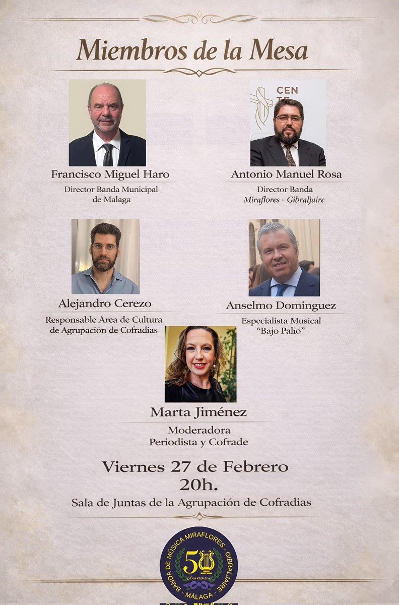 En poco más de un mes celebraremos el tercer evento del Programa Oficial de Actos de nuestro #50AniversarioMiraflores.

Mesa Redonda "Miraflores: 50 años en la Semana Santa de Málaga"

Viernes 27 febrero a las 20h.
Sala de Juntas de la Agrupación de Cofradías.

#SuenaMiraflores