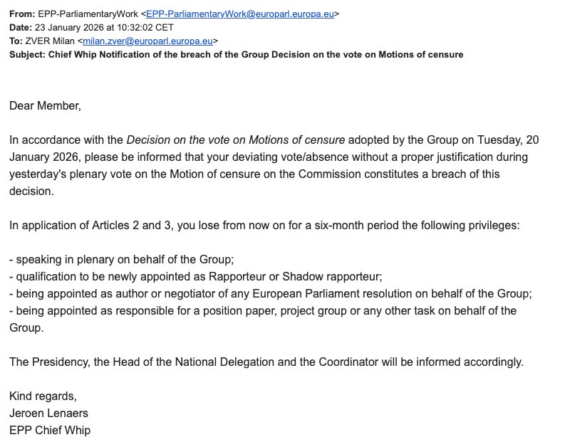 V politični skupini EPP sem bil po glasovanju o nezaupnici Evropski komisiji uradno obveščen o uvedbi začasnih sankcij proti meni, saj nisem upošteval uradnega stališča EPP, da se glasuje proti nezaupnici Evropski komisiji. Sankcije bodo trajale šest mesecev in se nanašajo na