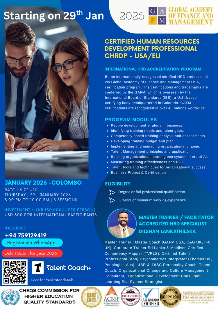 𝐂𝐞𝐫𝐭𝐢𝐟𝐢𝐞𝐝 𝐇𝐑𝐃 𝐏𝐫𝐨𝐟𝐞𝐬𝐬𝐢𝐨𝐧𝐚𝐥 - 𝐂𝐇𝐑𝐃 𝐔𝐒𝐀/𝐄𝐔 𝐛𝐲 𝐆𝐀𝐅𝐌
demo.lmstrends.com/survey_registe…
For more details &amp; to register, WhatsApp: +94759129419
wa.me/94759129419