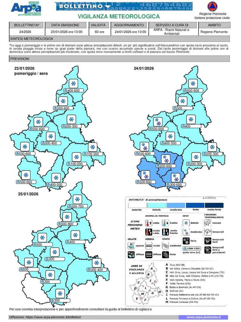 PCProvAL's tweet image. 🟡 #AllertaMeteo codice GIALLO (effetti localizzati) per #neve nella giornata di domani 24 Gennaio 2026 per #PianuraAlessandrina #Acquese #Novese Ovadese ValleStura ValLemme
Tra oggi e pomeriggio e le prime ore di domani sono attese precipitazioni deboli… instagr.am/p/DT2hlkUjX2_/