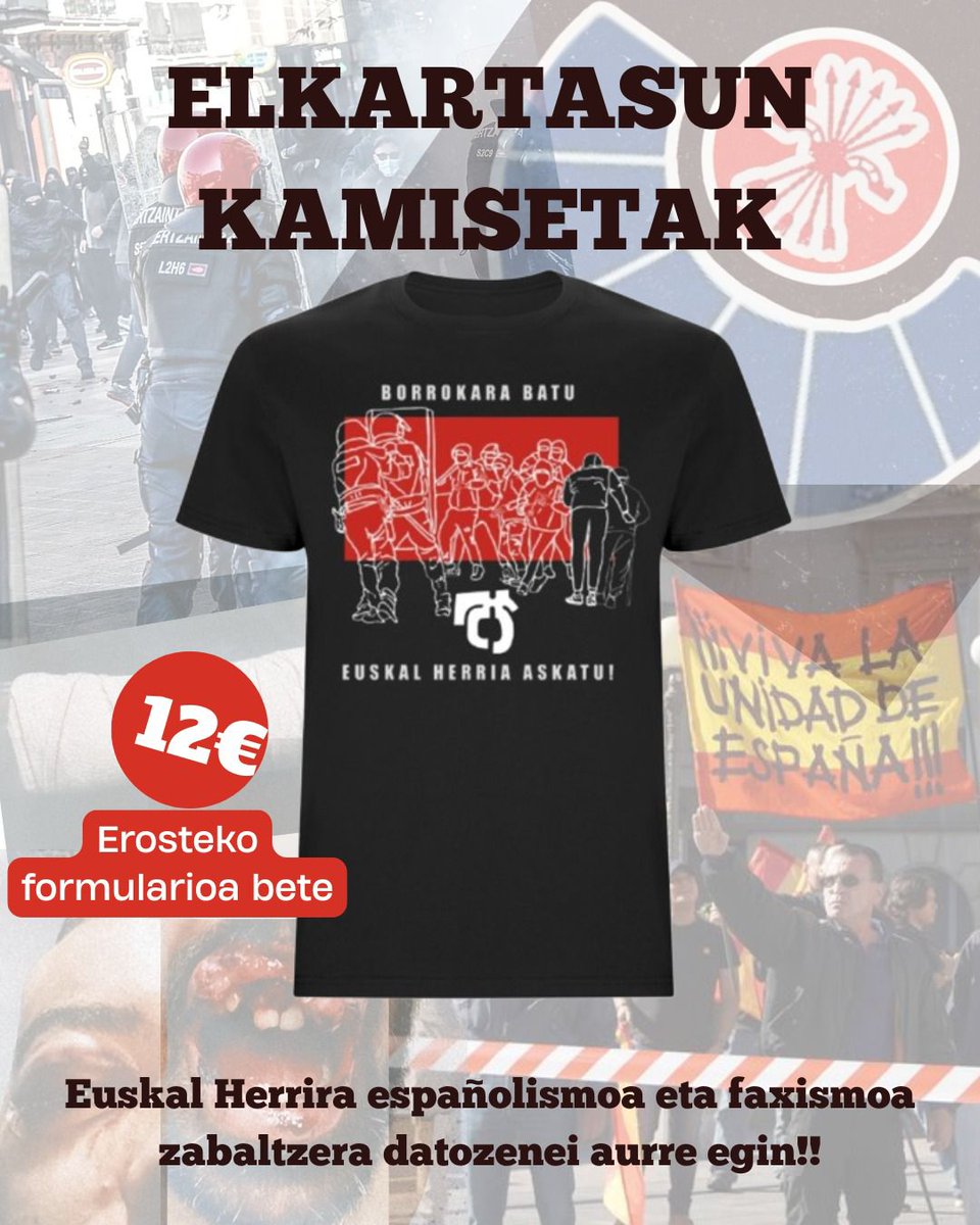 MHintxak's tweet image. ❗️Elkartasun kamisetak❗️

Euskal Herrira españolismoa eta faxismoa zabaltzera datozenei aurre egin!

Erosteko hurrengo linkeko formularioa bete:

docs.google.com/forms/d/e/1FAI…

Borrokara batu
Euskal Herria askatu!
