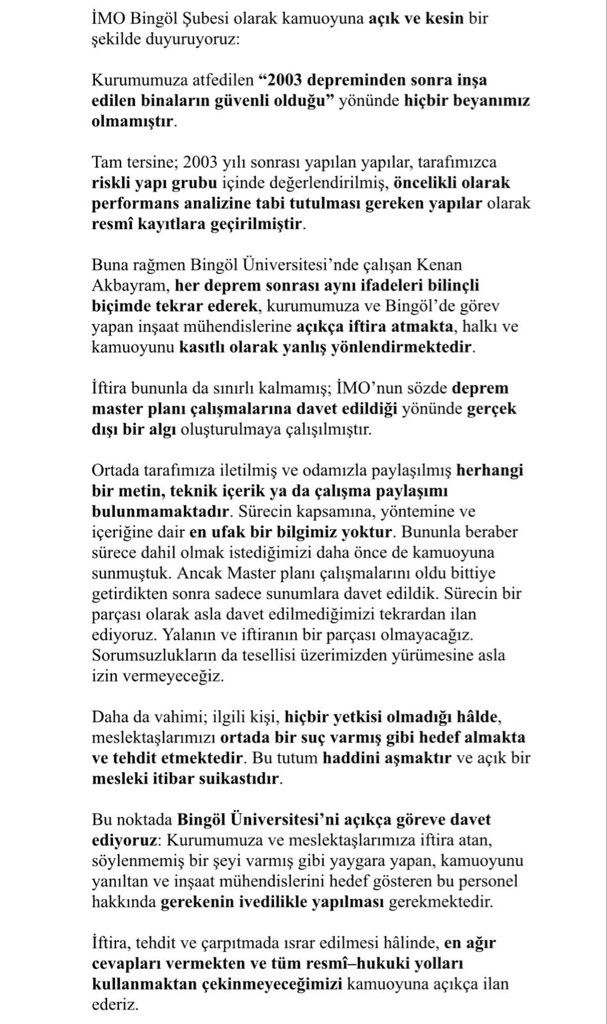 2-Üstelik akademisyen kimliği taşıyan bir kişinin meslek ahlakı ve etik değerleri ihlal eden bu tutumu kamu vicdanında da karşılık bulmamaktadır. Kamuoyuna saygıyla duyurulur.” <a href="/bingolbel/">Bingöl Belediyesi</a> <a href="/bingoledu2007/">Bingöl Üniversitesi</a> <a href="/bingoltso/">Bingöl Ticaret ve Sanayi Odası</a> <a href="/bingolcemiyet/">Bingöl Gazeteciler Cemiyeti</a>