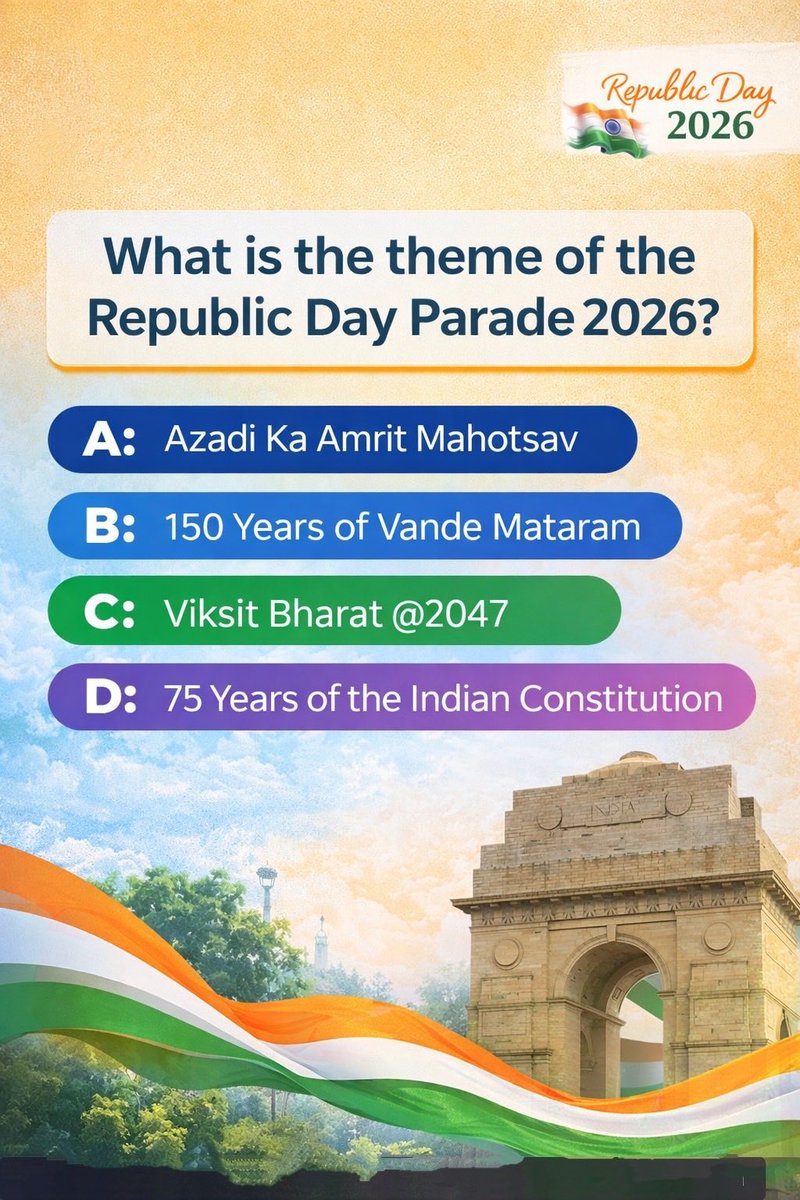 Guj_LSA_DoT_MoC's tweet photo. 💡Quiz time

Do you know what's the theme of this year's Republic Day Parade? 🤔

Drop your answers in the comments https://t.co/wN8LucdH41