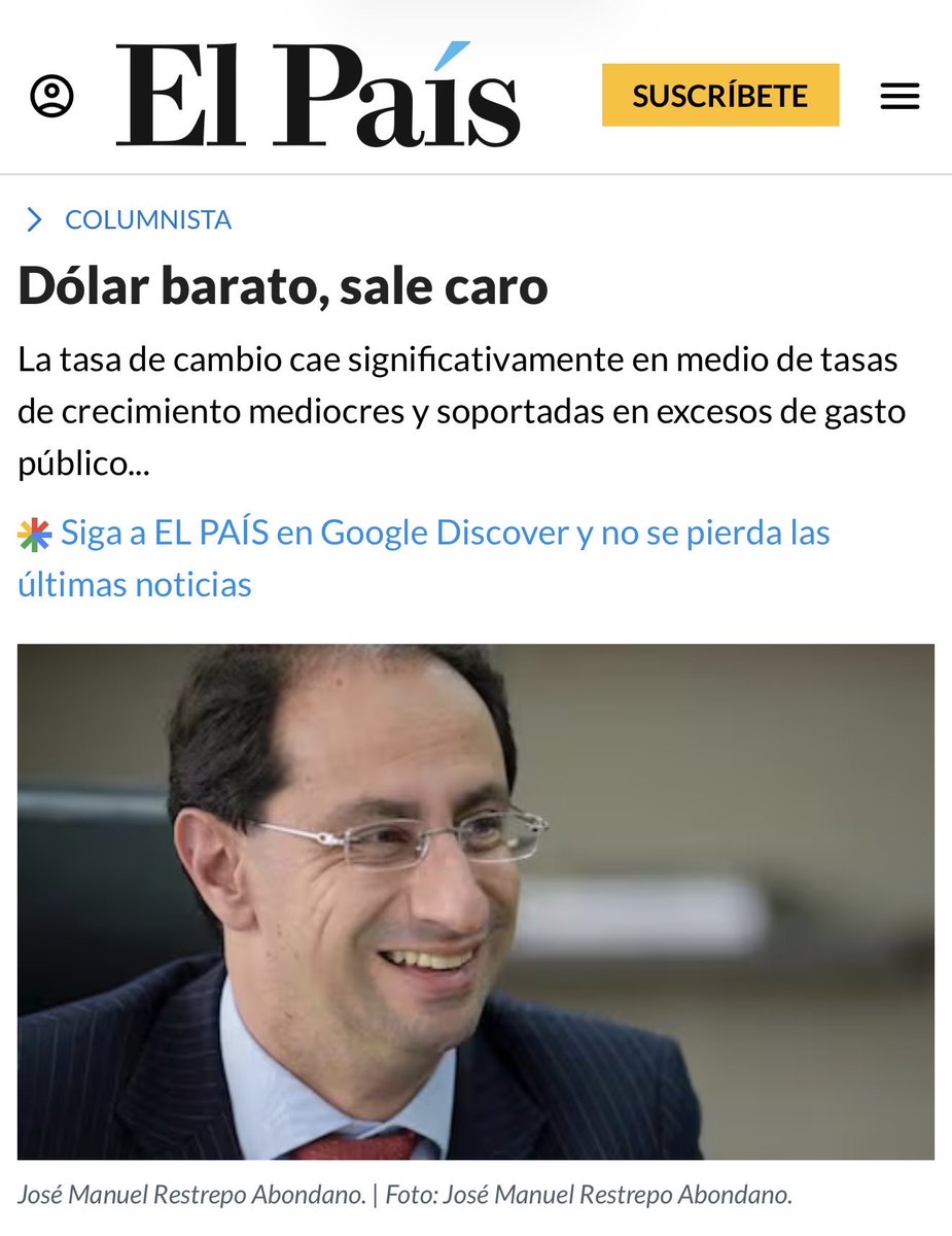 jrestrp's tweet photo. Una tasa de cambio baja no es sinónimo automático de buena economía. Históricamente lo es cuando viene acompañada de crecimiento sólido, baja inflación, alta inversión y confianza. Nada de eso pasa hoy en Colombia. El “dólar barato” convive con crecimiento mediocre, inflación persistente, desplome de la inversión extranjera (el peor dato inversión/PIB en más de dos décadas) y alta incertidumbre fiscal y regulatoria.

https://t.co/osmfNqbqgy

La revaluación actual no es estructural. Responde en parte a factores externos, pero en Colombia hay sobre-revaluación cercana a $200 explicada por errores de política: tolerancia a flujos de divisas ilícitas y sobre-endeudamiento en dólares. Solo anunciar en mes y medio 11.000 millones de dólares en nueva deuda presiona artificialmente la tasa. El resultado es una tasa “bonita” para el titular, pero destructiva para exportadores, empleo y crecimiento. 

El Dólar barato ficticiamente, sale caro!!