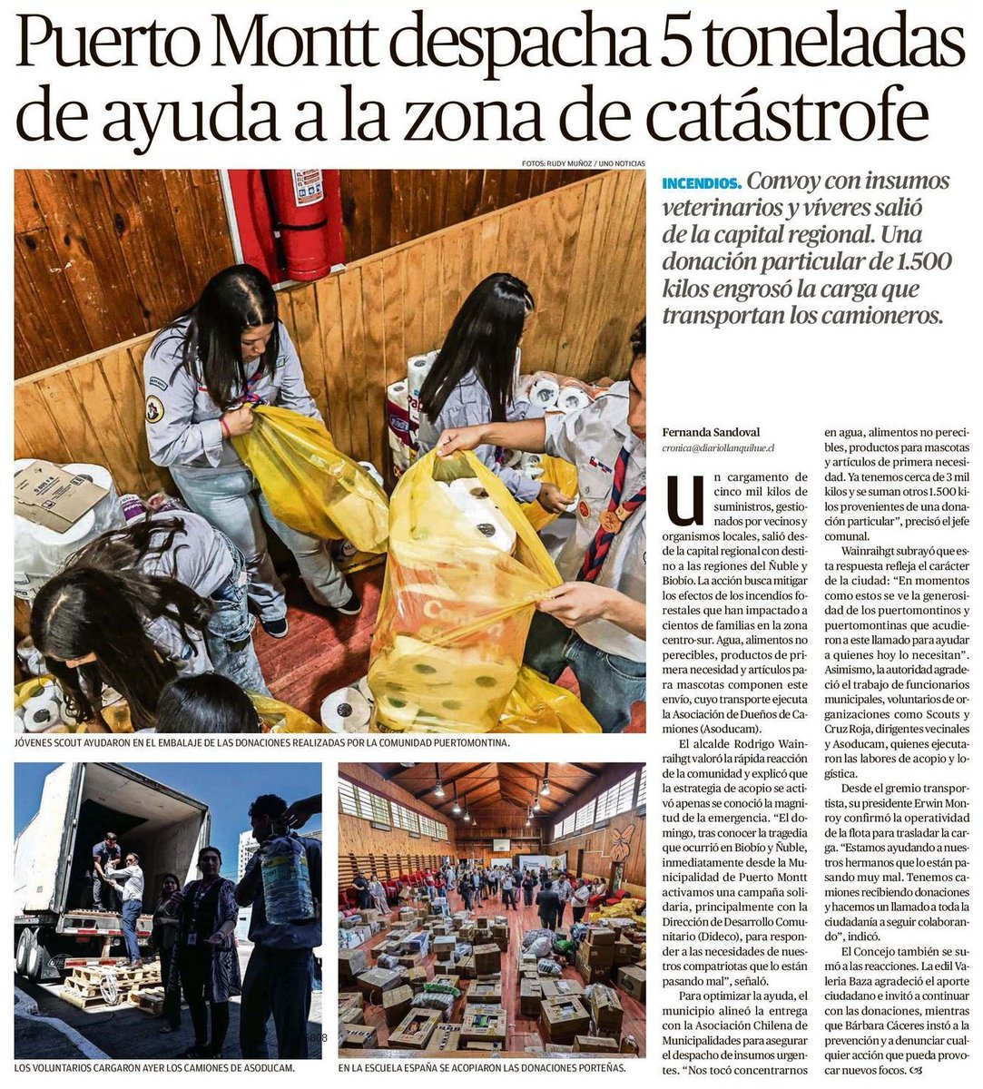 Agradecemos la gran respuesta de la comunidad de #PuertoMontt para ir en ayuda de quienes tanto lo necesitan en Ñuble y el Biobío. Nos coordinamos con la <a href="/AChMChile/">ACHM Asociación Chilena de Municipalidades</a> para optimizar las donaciones, y contamos con el apoyo de la Asoducam para concretar el traslado.
