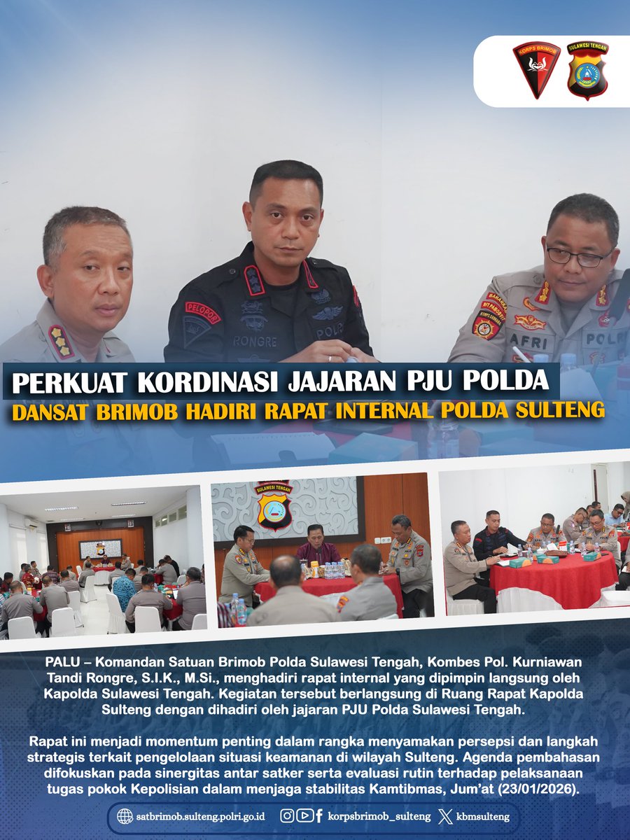 Dansat Brimobda Sulteng, Kombes Pol. Kurniawan Tandi Rongre, S.I.K., M.Si., menghadiri rapat internal yang dipimpin langsung oleh Kapolda Sulawesi Tengah. Kegiatan tersebut berlangsung di Ruang Rapat Kapolda Sulteng dengan dihadiri oleh jajaran PJU.