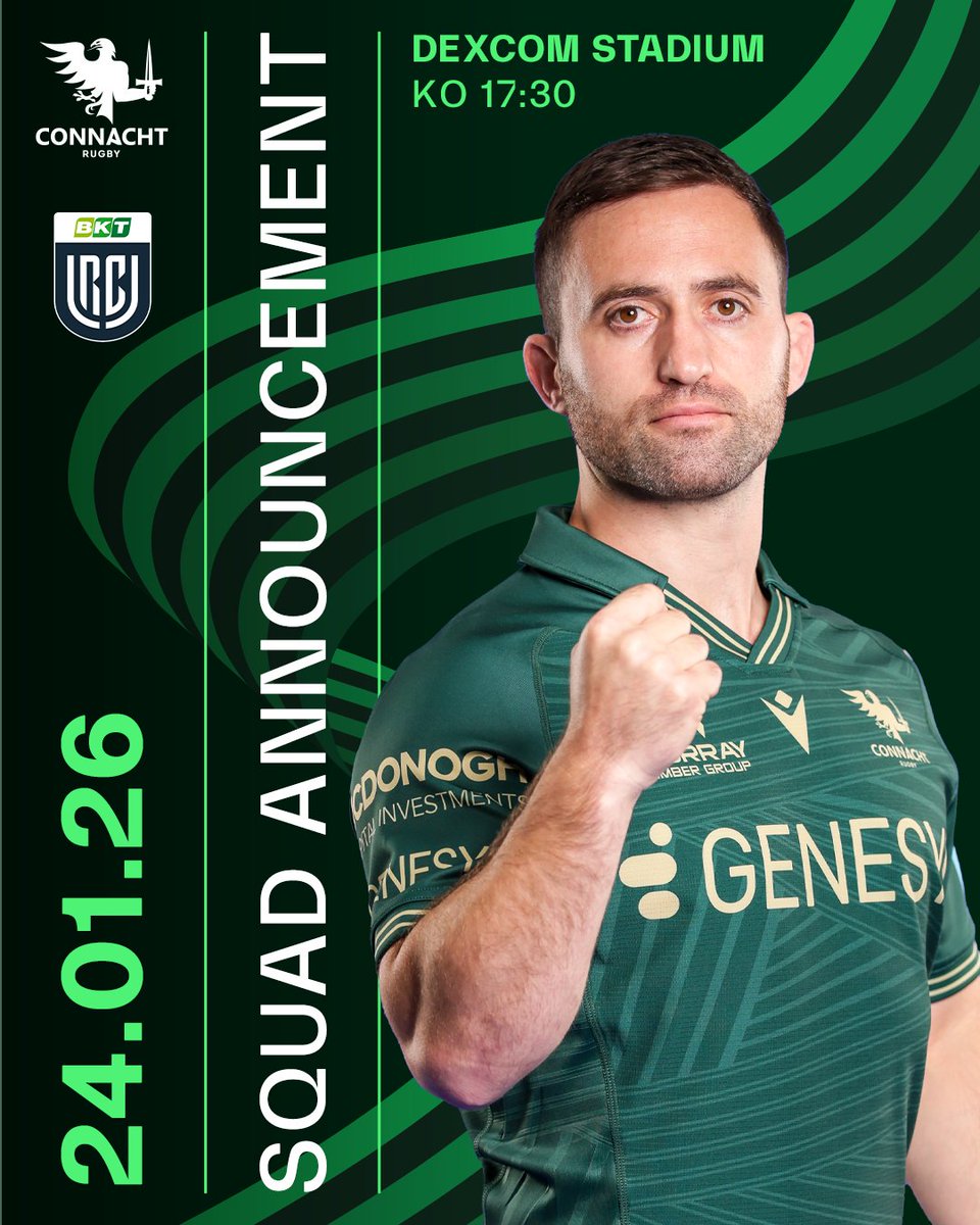 connachtrugby's tweet image. 2️⃣3️⃣ players. 1️⃣ province.

Our squad for tomorrow's 𝐡𝐢𝐬𝐭𝐨𝐫𝐢𝐜 day at Dexcom Stadium.

#OneConnacht 💚

🔗 connachtrugby.ie/news/team-anno…