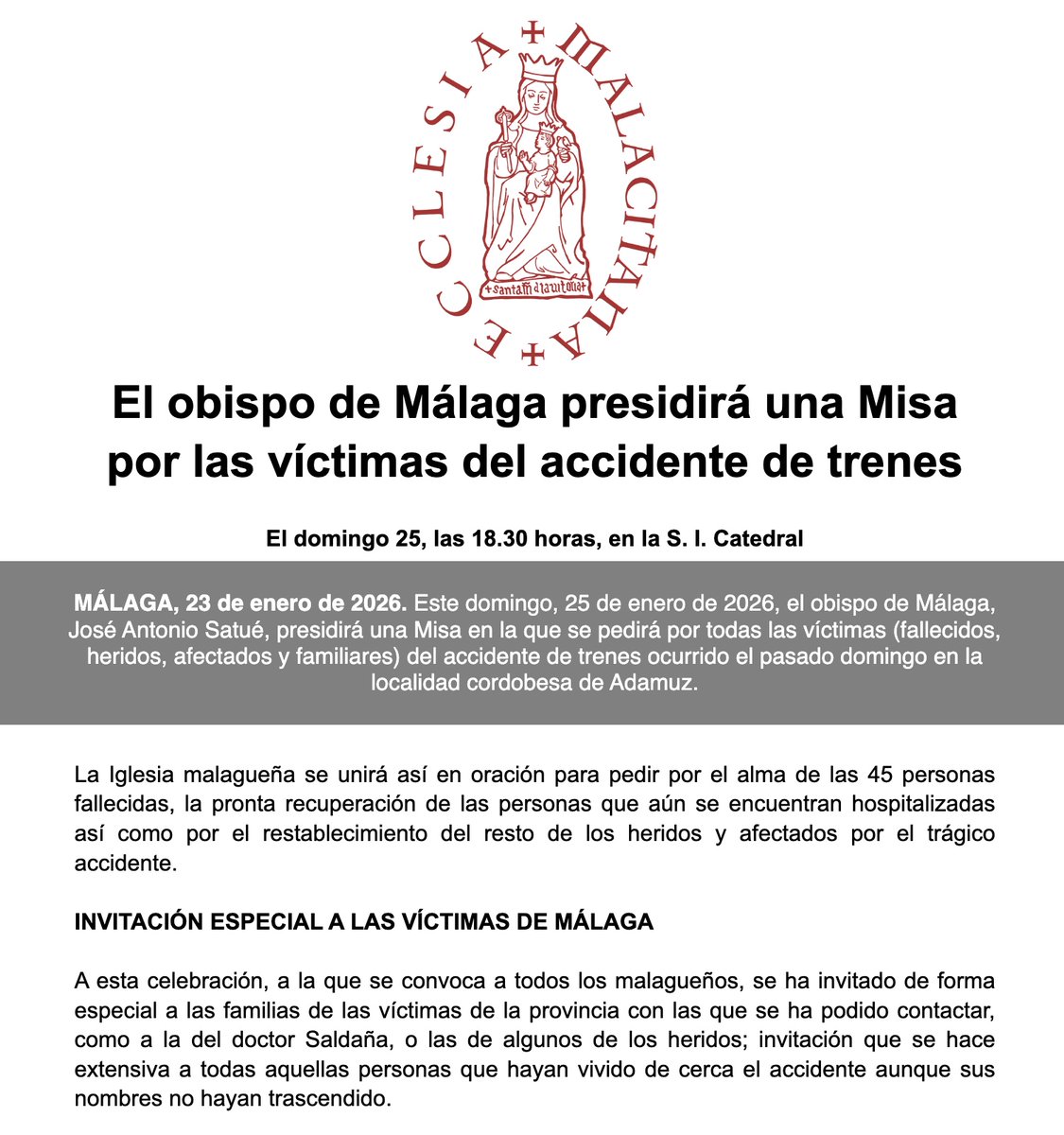 Mons. <a href="/satuehuerto/">José Antonio Satué</a> presidirá este domingo en la Catedral, a las 18.30 horas, una Misa por todas las víctimas del accidente de Adamuz. Estamos todos convocados.