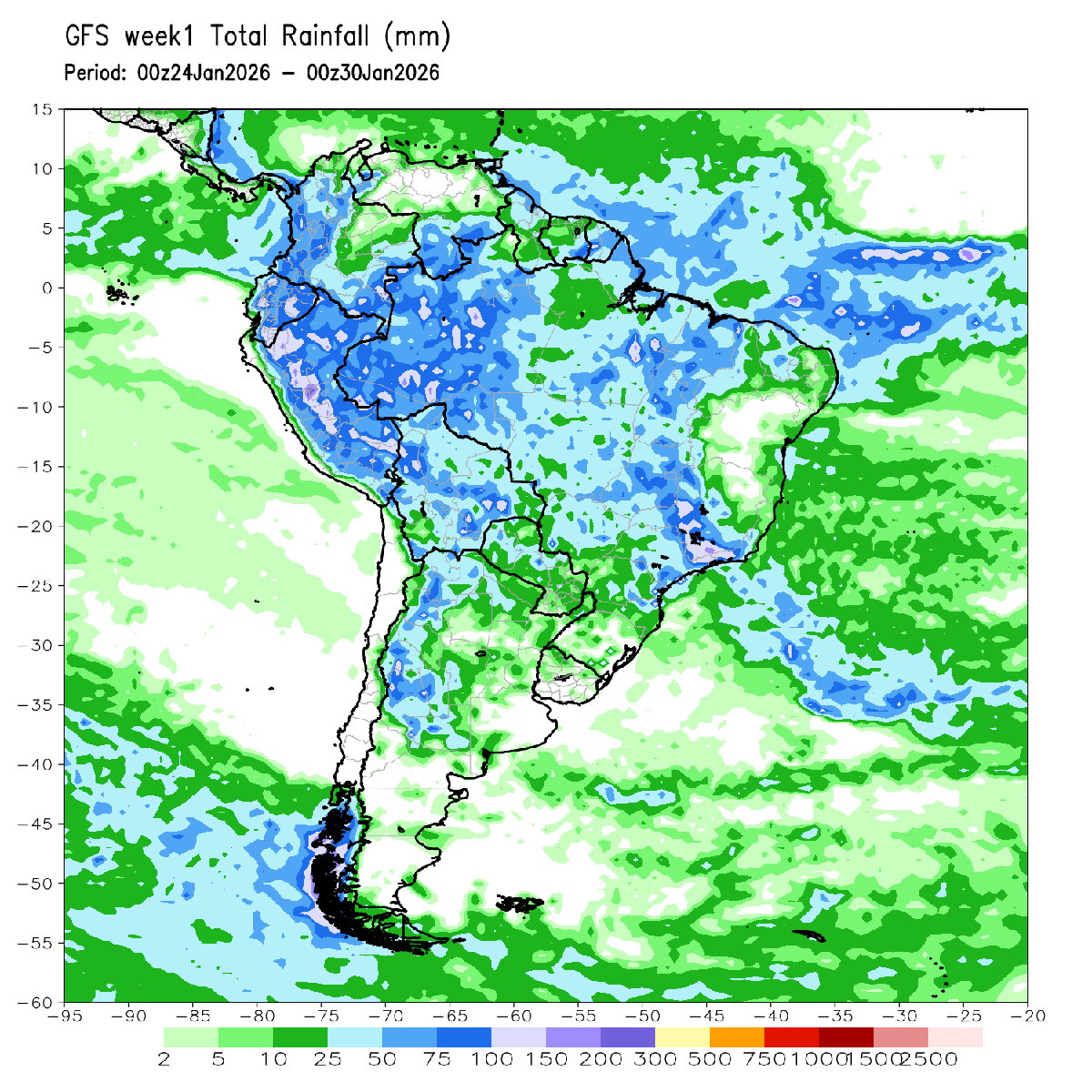 #Lluvias acumuladas (mm), según #GFS, de SAB24 a JUE29ene sobre Sudamérica. Escasas lluvias son esperadas en #PBSAS y litoral en #Argentina, #Uruguay y Sur #Brasil (2-25 mm). Las lluvias a partir de Martes 27. Lluvias concentradas sobre #RiodeJaneiro (> 100 mm) en #Brasil.