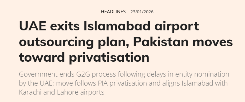 ahmadwaraichh's tweet image. بریکنگ: عرب امارات اسلام آباد ایئرپورٹ آؤٹ سورسنگ منصوبے سے دستبردار، پاکستان نے نجکاری کی منظوری دے دی

پاکستان کے سوال پر امارات نے کہا عمل کو مزید آگے بڑھانے کے خواہاں نہیں، خبر

profit.pakistantoday.com.pk/2026/01/23/uae…