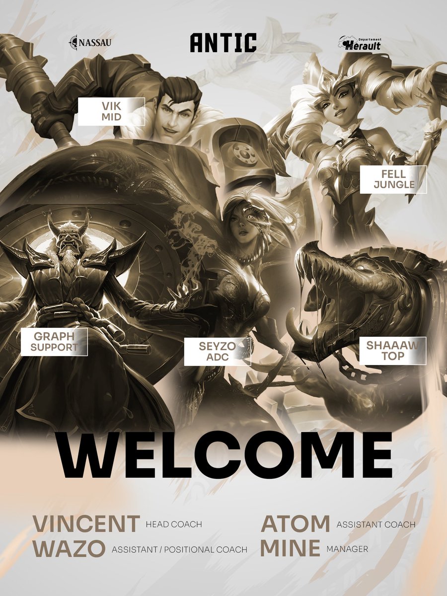 AnticeSport's tweet image. Nouvelle année, nouveau roster, même objectif...

🏴‍☠️@Shaaaw27
🏴‍☠️@fellxo7
🏴‍☠️@Vik1_lol
🏴‍☠️@SeyzoLOL
🏴‍☠️@GraphLoL 

👨‍🏫@Vncnt_lol
👓@ls_atom
👴@keepcalmandwazo
📝@Mine_loll 

#ATCWIN