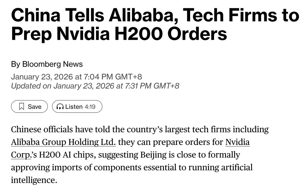 fxtrader's tweet image. 彭博：中国监管机构近日已原则上批准阿里巴巴、 腾讯和字节跳动等头部科技企业进入采购英伟达H200 AI芯片准备工作的下一阶段。知情人士还表示，北京方面将鼓励这些公司采购一定数量的国产芯片，作为获批条件，但具体数量尚未确定。
#行情 英伟达盘前上涨2.3%，台积电ADR上涨了1.3%。