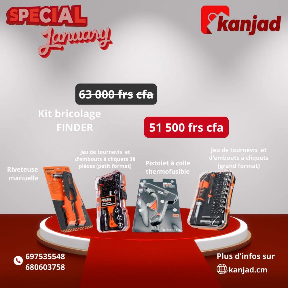 KanjadCmr's tweet photo. Retrouvez aussi sur notre boutique en ligne le kit pour bricolage de la marque Finder. Chaque outil est bien évidemment aussi vendu séparément des autres. Plus d'infos sur le prix individuel de chaque outil sur https://t.co/ePeZrh51XQ.
#royaladsservices #kanjad #happynewyear2026 https://t.co/MocRzIP2nC