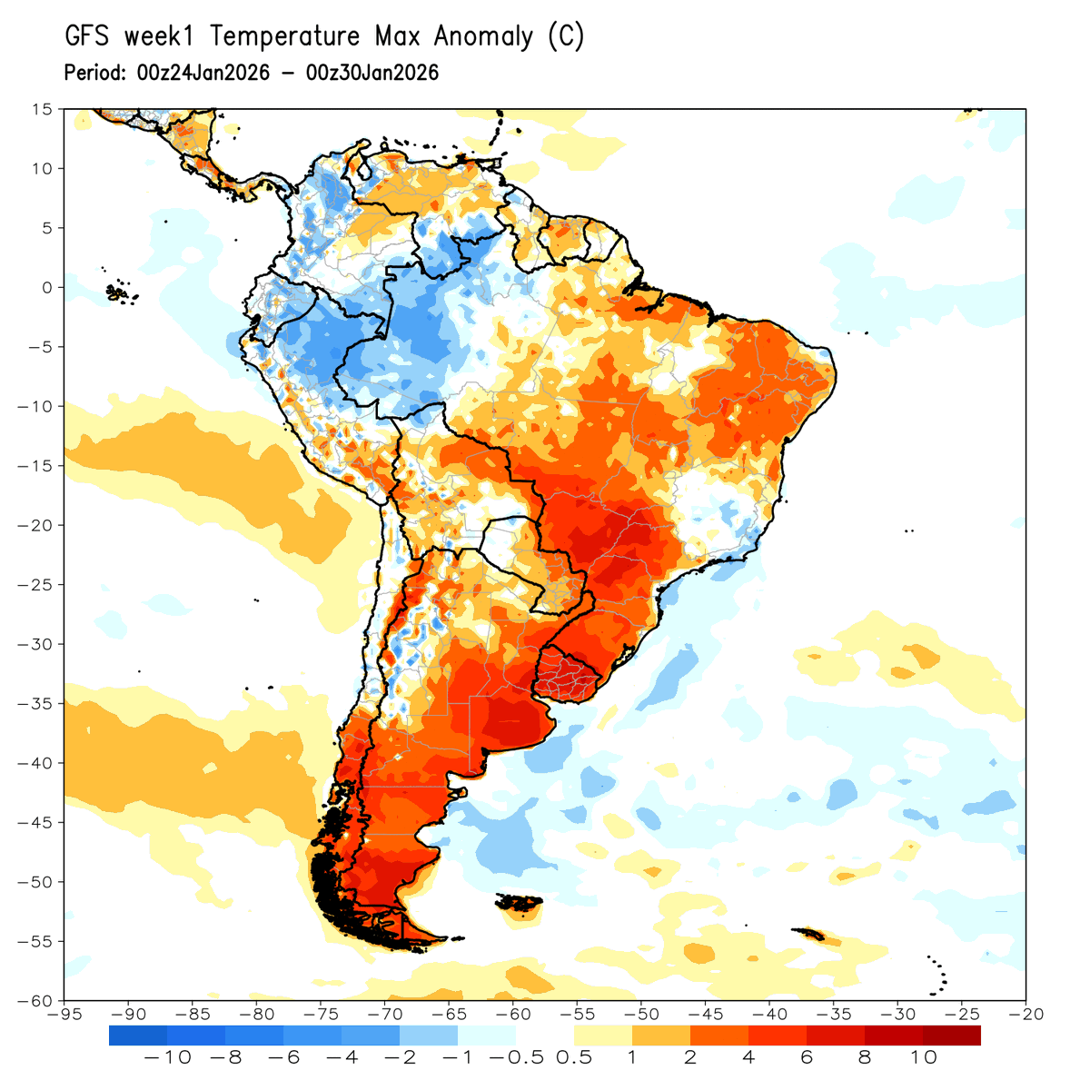 Anomalías de #temperaturamáxima sobre Sudamérica, según #GFS, de SAB24 a JUE29ene. Se destacan #PBSAS (#Argentina) y #Uruguay con desvíos +6°C a +10°C sobre normal. Buenos Aires ciudad hasta 36° y #Montevideo 35°C para LUN26ene