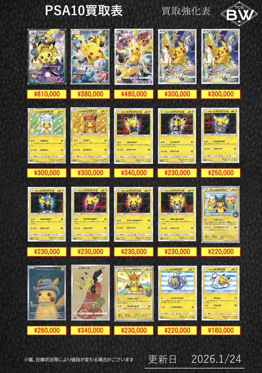 1/24日のみ有効 ポケカ、遊戯王PSA10.未開封BOXの買取表更新致しました
