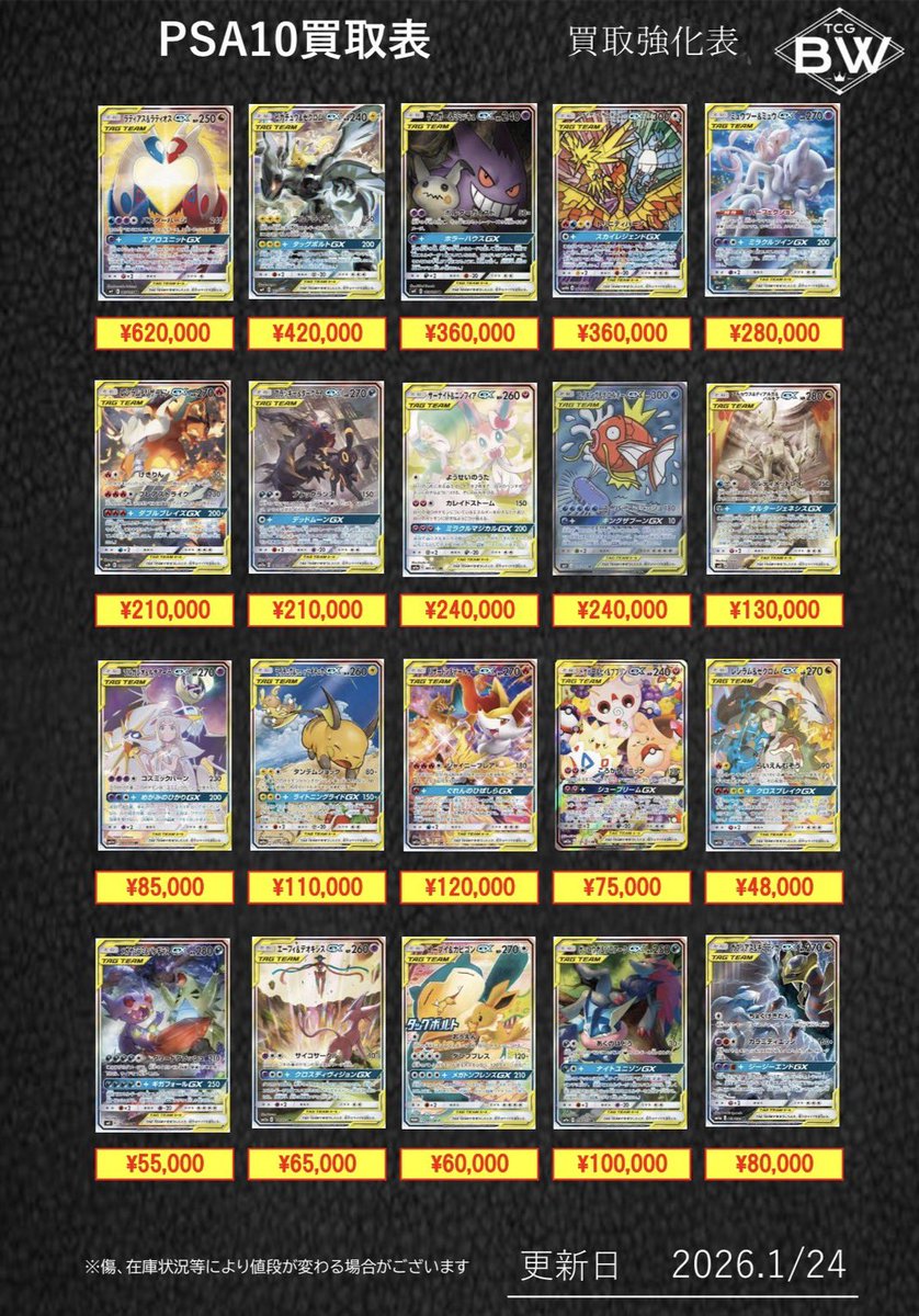 1/24日のみ有効 ポケカ、遊戯王PSA10.未開封BOXの買取表更新致しました