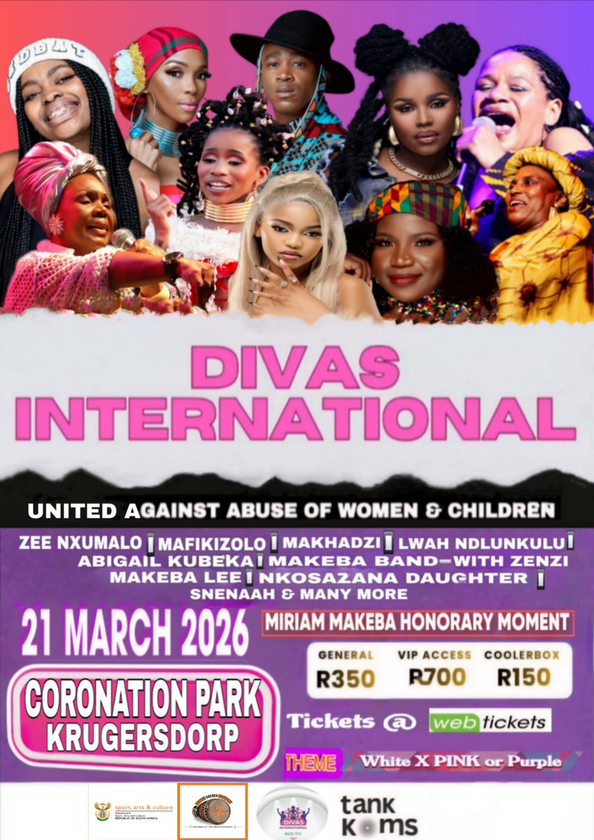 DivasFestZA's tweet image. 🔥 THE LINE-UP. THE PURPOSE. THE MOMENT #DIVASINTERNATIONALMusicFest
🗓 21 March | Human Rights Day
📍 Coronation Park, Krugersdorp
#Makhadzi #Mafikizolo #NkosazanaDaughter #LwahNdlunkulu #AbigailKubeka #MakebaBand #Snenaah
🎟 R350 Webtickets
United against! GBV
 #MGEFunding