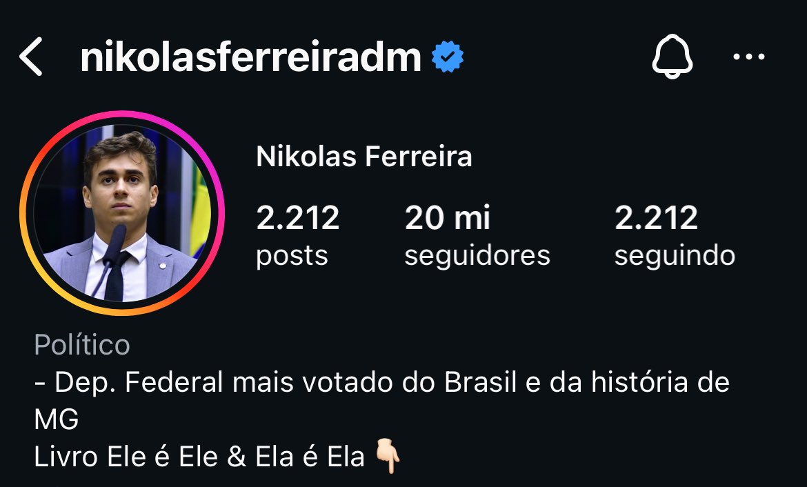 CentralDireitaB's tweet photo. 🇧🇷 AGORA: Nikolas Ferreira alcança a marca de 20 milhões de seguidores no Instagram.

O deputado se torna o segundo político brasileiro a atingir esse número na rede social, ficando atrás apenas de Jair Bolsonaro. https://t.co/e4CibZB10t