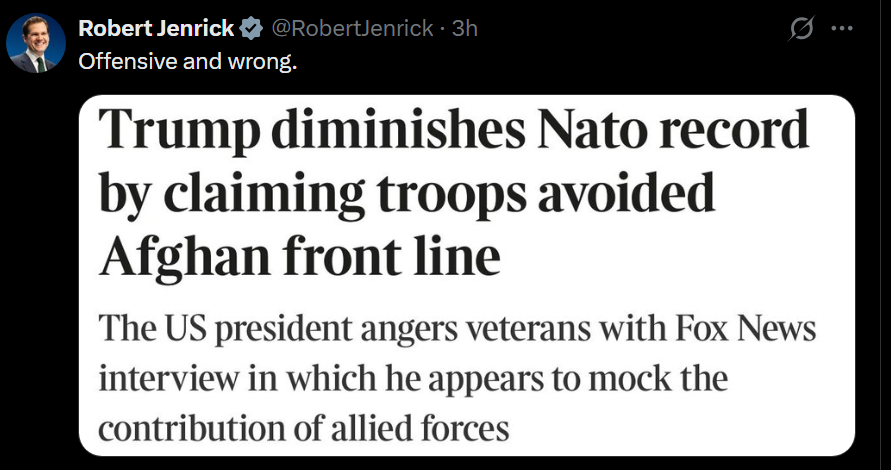 A Reform power shift because of Trump?

Farage - silence
Tice - silence
Rosindell - silence
Yusuf - silence

At least Jenrick showed a slight reaction