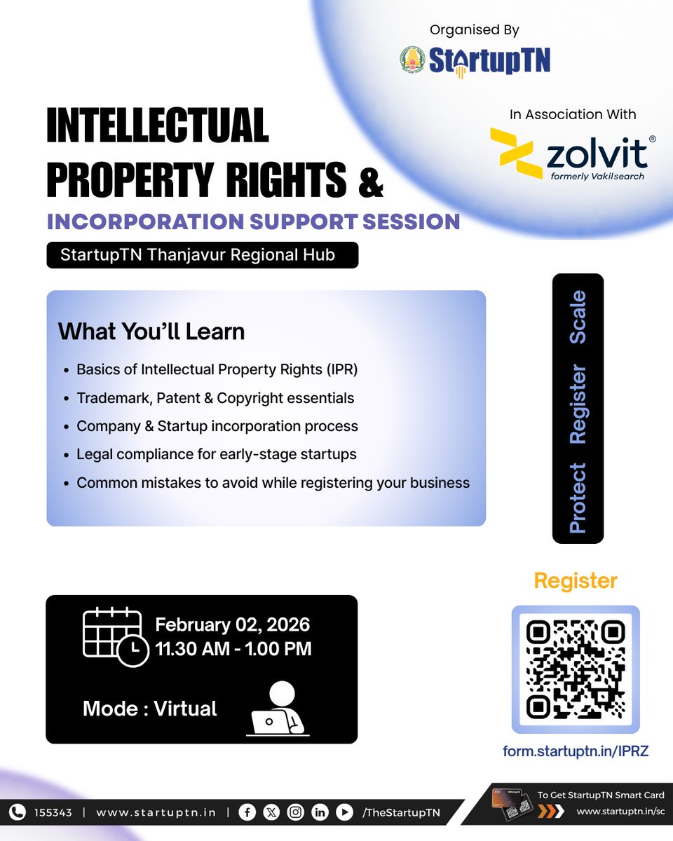 TheStartupTN's tweet image. Protect your ideas. Register your venture. Scale with confidence.

📅 02 February 2026
🕚 11:30 AM – 1:00 PM
💻 Mode: Virtual

👉 Register Here: form.startuptn.in/IPRZ

#StartupTN #IPR #IntellectualPropertyRights #StartupIncorporation

@TNDIPRNEWS @aprsiva