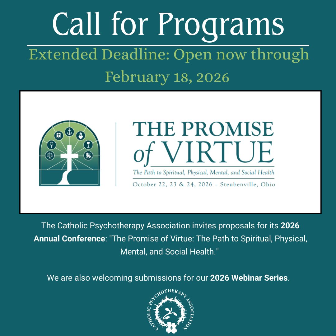 Call for Programs is Now Open through Feb. 18, 2026!
We invite you to submit your proposals for the 2026 Annual Conference and the 2026 Webinar Series.  
🗓 Deadline: Feb. 18, 2026
🔗 Learn more &amp; apply: catholicpsychotherapy.org/call-for-progr…