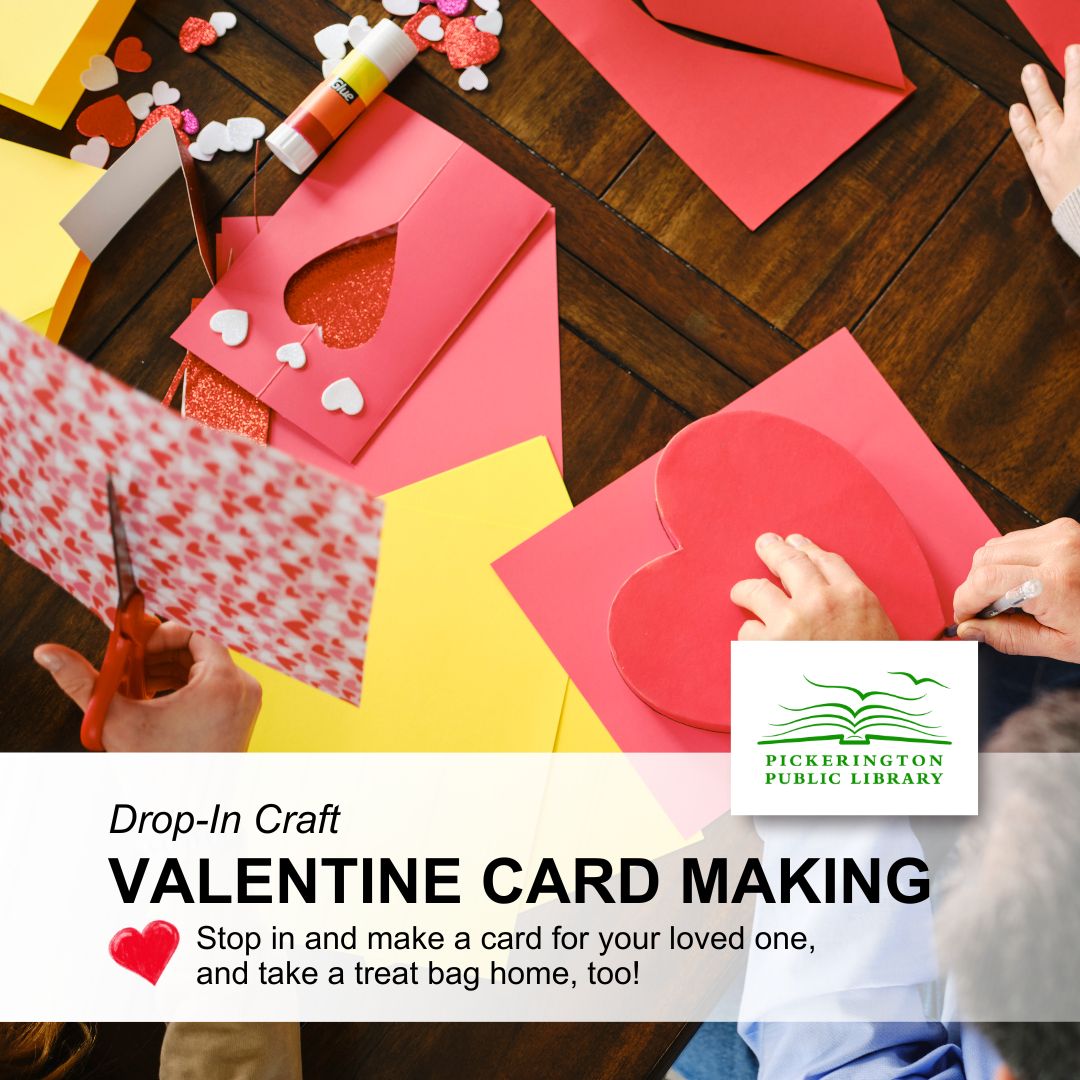 pickeringtonlib's tweet image. Stop in for Valentine Card Making! ❤️ Make a card for your loved ones and take home a treat bag. All supplies provided—just bring your imagination. Fun for all ages! #PPLibrary
Feb 13 | 3-5 p.m. | Sycamore Plaza Library