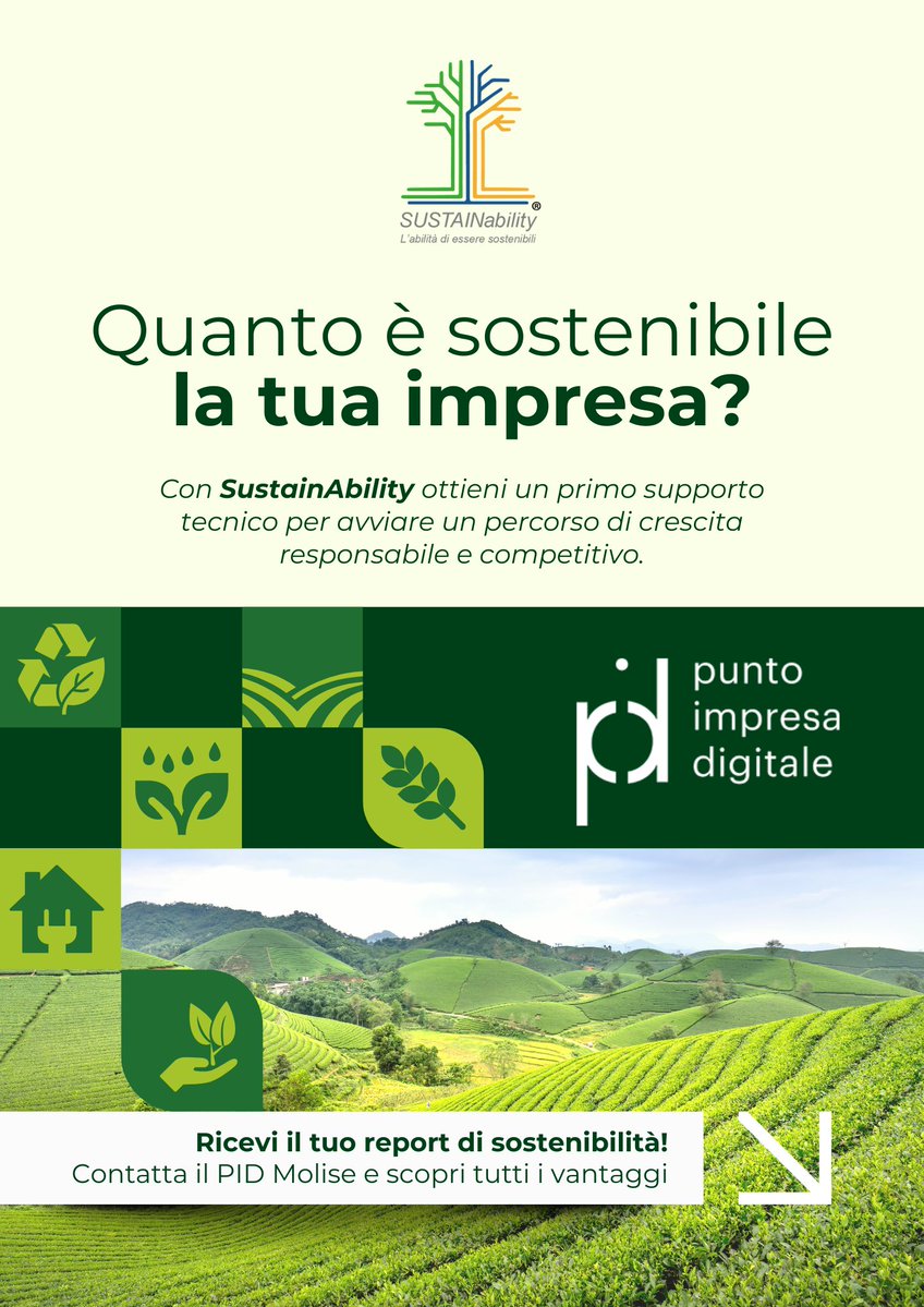 Sostenibilità d’impresa: da dove partire? 🤔
🚀 Il PID Molise è al fianco delle imprese nel percorso verso la sostenibilità, offrendo supporto in ambito ambientale, sociale e di governance (ESG). 
Scopri come ottenere un report personalizzato 👉 shorturl.at/XkuC3