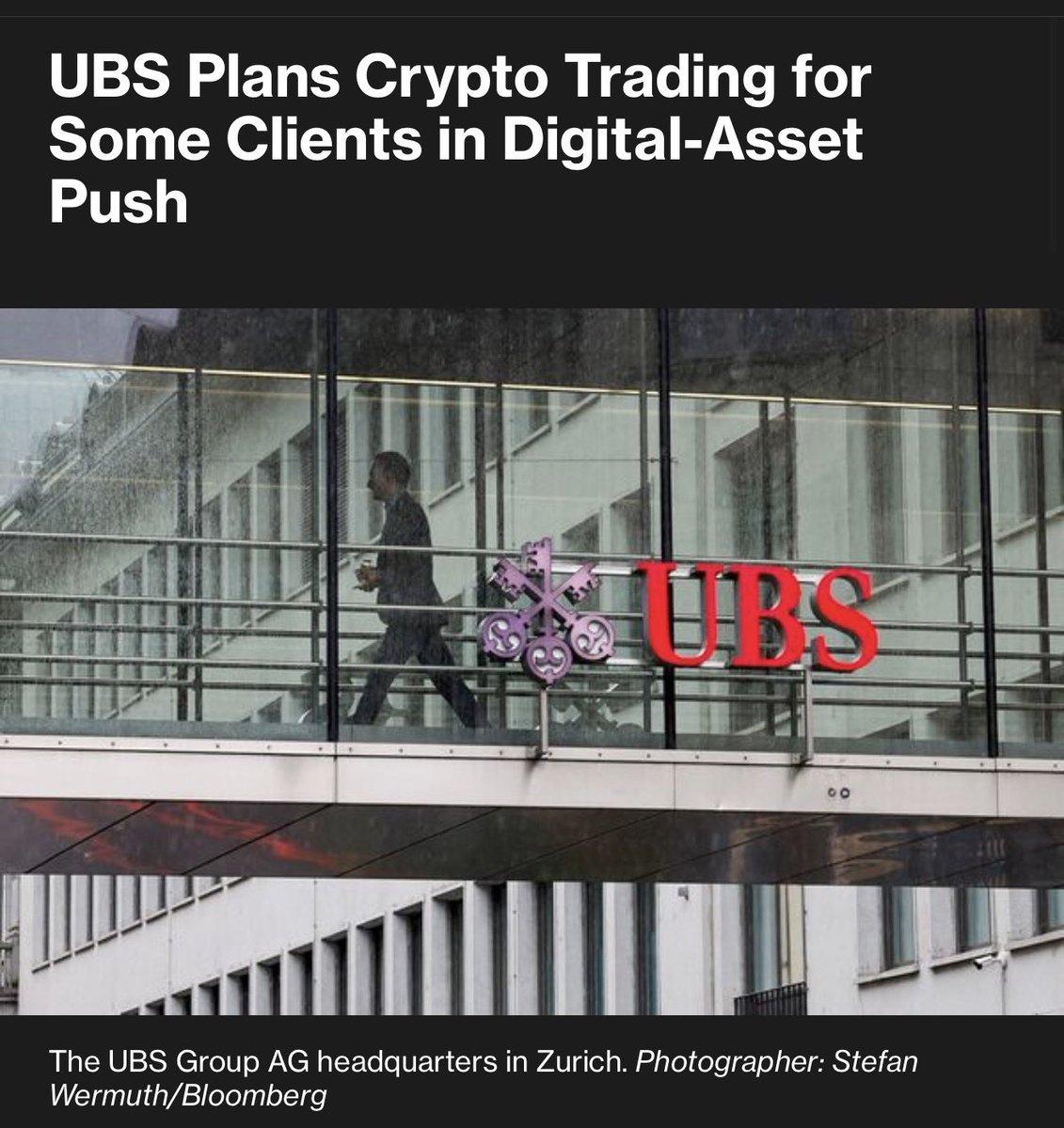 🚨JUST IN: According to Bloomberg, Swiss bank UBS plans to make  cryptocurrency investing available for some private banking clients, as it  selects partners for a potential crypto offering. The bank oversees about