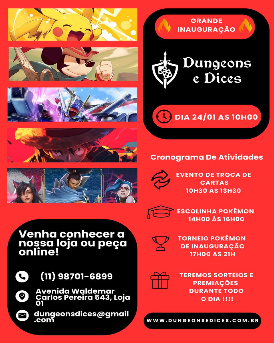 DungeonseDices's tweet photo. Olá treinadores, é com grande alegria que venho anunciar a inauguração da loja física, venha conhecer e se divertir conosco nesse grande dia!!!! https://t.co/0Oxh3UzXJh