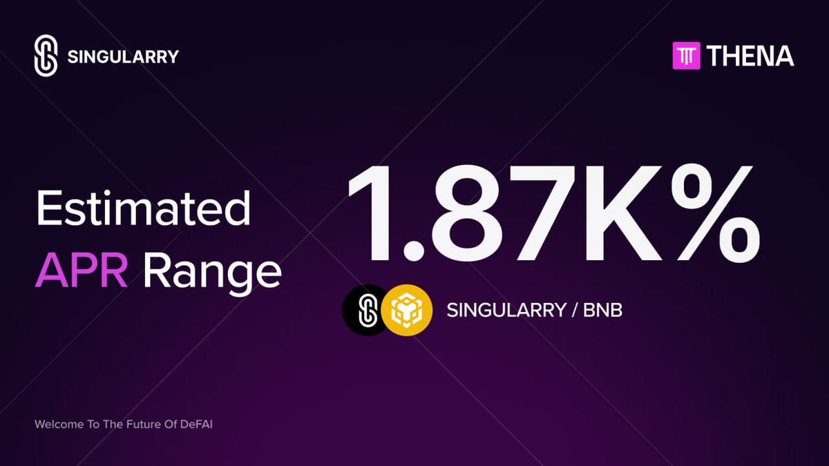 singularryai's tweet photo. 📊 Weekly APR Update

The SINGULARRY/BNB pool on @ThenaFi is showing an Estimated APR Range of 1.87K% 🚀

If you’re long on $SINGULARRY, this is a straightforward way to put your assets to work.

💧 Add liquidity
⚡ Capture boosted yields

To add liquidity 👇 https://t.co/af7ipBb0dh