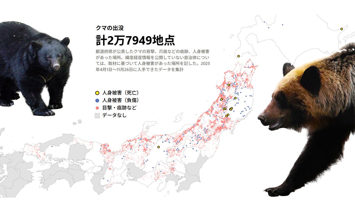 【#クマ 出没 データで分析】

asahi.com/articles/ASV16…

クマの人身被害が過去最悪となった2025年度。都道府県が公表したクマの出没情報を朝日新聞が地図に落として調べたところ、市街地で少なくとも約6800件の出没情報がありました。