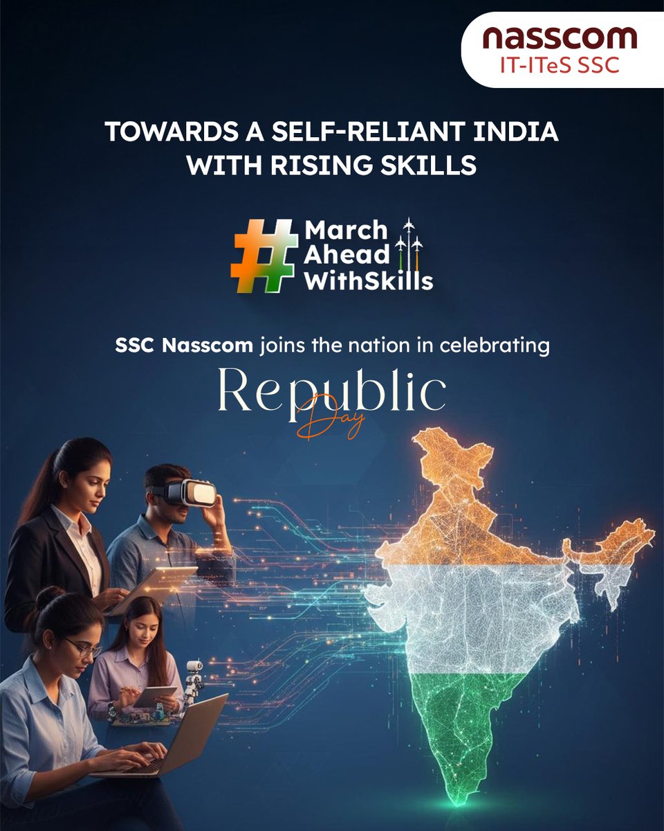 sscnasscom's tweet image. A skilled India is a strong India. On this 77th #RepublicDay, we celebrate the heartbeat of India, its people. With every skill mastered and every mind empowered, we move closer to a stronger, more #innovative and unstoppable nation.​
#SSCNasscom #MarchAheadWithSkills #SkillIndia