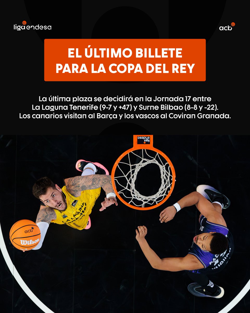 ACBCOM's tweet image. 🎟️ 𝐄𝐋 𝐔́𝐋𝐓𝐈𝐌𝐎 𝐁𝐈𝐋𝐋𝐄𝐓𝐄 𝐏𝐀𝐑𝐀 𝐋𝐀 #CopaACB 

➡️  La Laguna Tenerife @CB1939Canarias
➡️ Surne @bilbaobasket