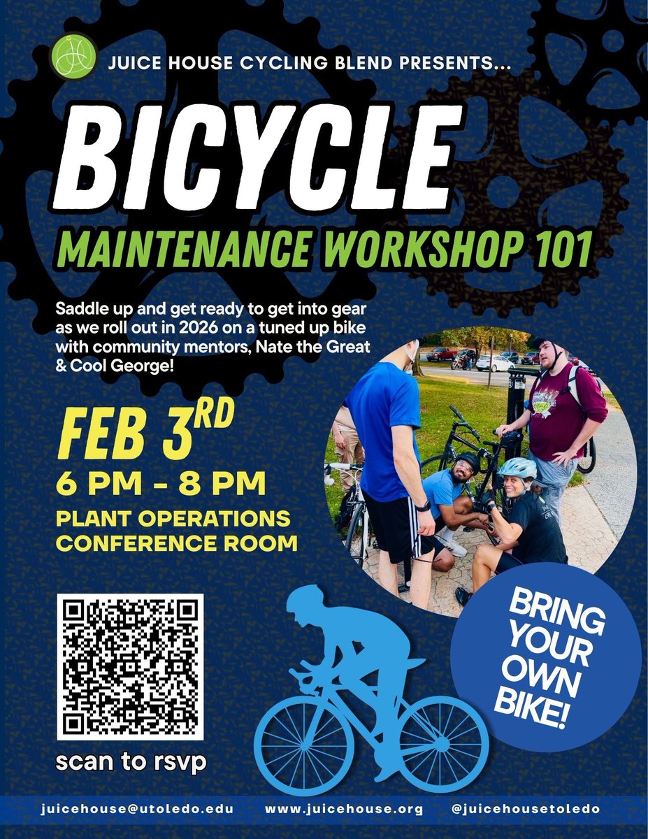 Bring your own bike! Learn basic bike maintenance. Join us on Tuesday, 6-8PM! <a href="/UToledo/">The University of Toledo</a> 

RSVP here: forms.gle/pWUxi99cqoP2NB…

#bicycle #cycling #bicycleworkshop #healthycommunity #daretolivewell