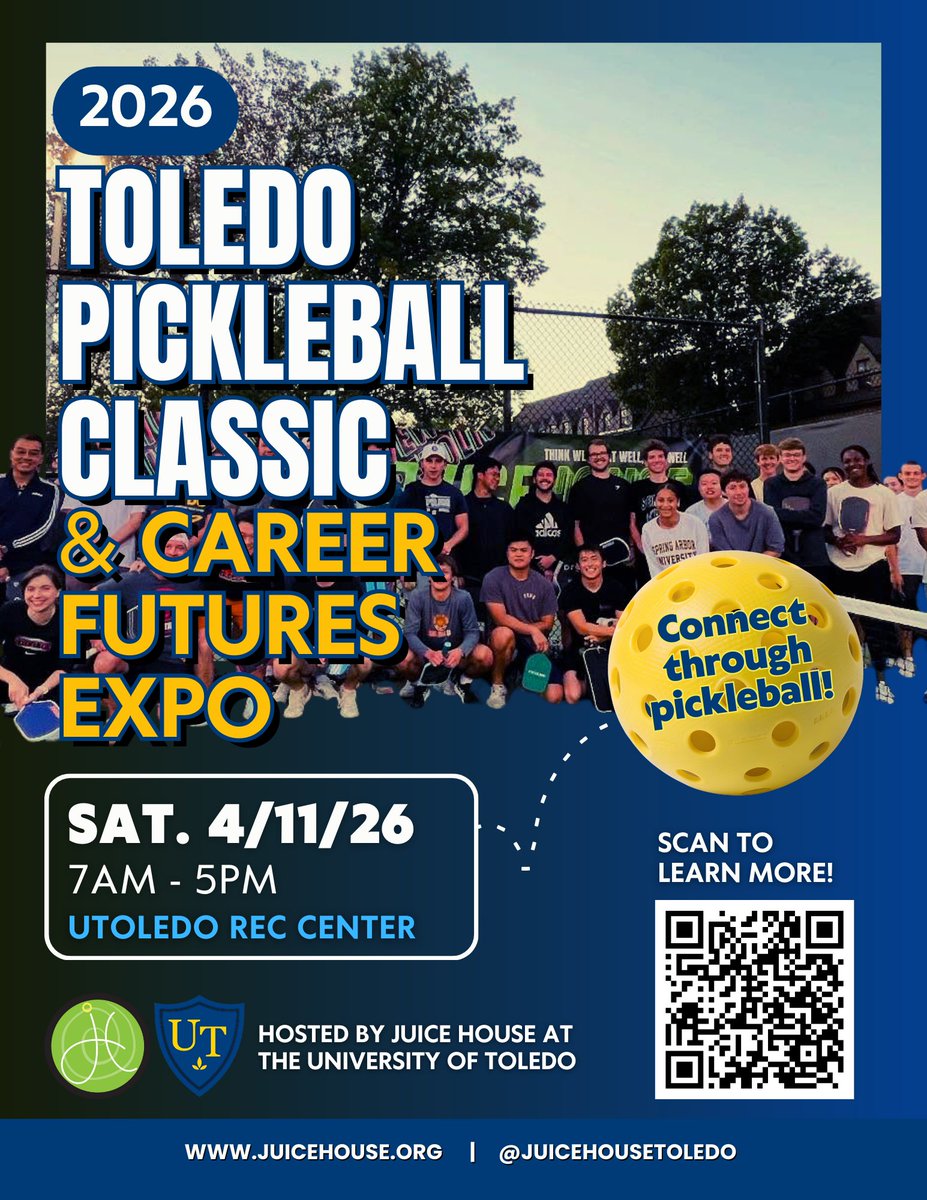 Participate in the first ever Toledo Pickleball Classic &amp; Career Futures Expo hosted by Juice House at @uoftoledo! Register by 2/15! 

 juicehouse.org/pickleballclas…

See you on the courts!

#pickleball #pickleballtournament #careerexpo #healthycommunity #daretolivewell