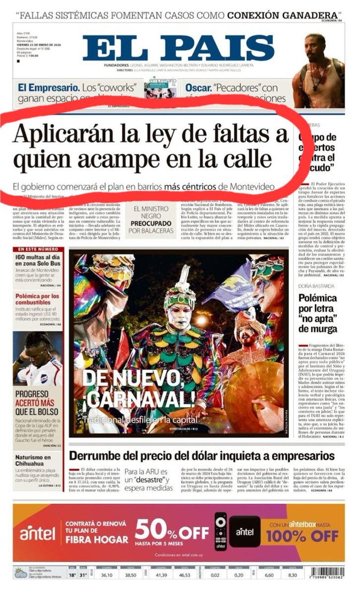 Lo que muestra la portada de El País (con fecha de hoy, 23 de enero de 2026) refleja un cambio importante en la estrategia de seguridad y convivencia en Montevideo. La aplicación de la Ley de Faltas para quienes acampan en la calle marca un giro hacia una política de "tolerancia