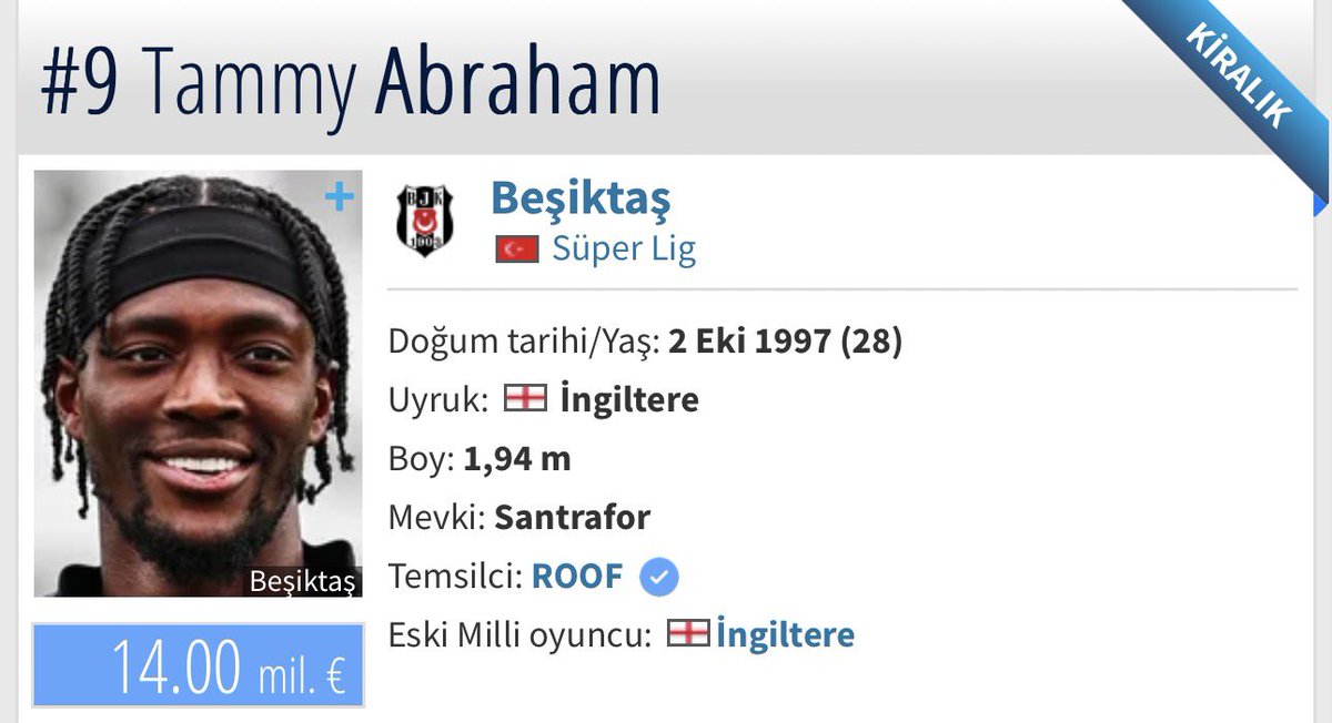 Transfermarkt’ın “piyasa değerini” 14 milyon euro olarak belirlediği
Abraham, 

21 milyon euro + Yasin Özcan karşılığında Aston Villa’ya transfer oldu.

Objektif değilsiniz, Taraflısınız.
<a href="/TMtr_news/">Transfermarkt.com.tr</a>
