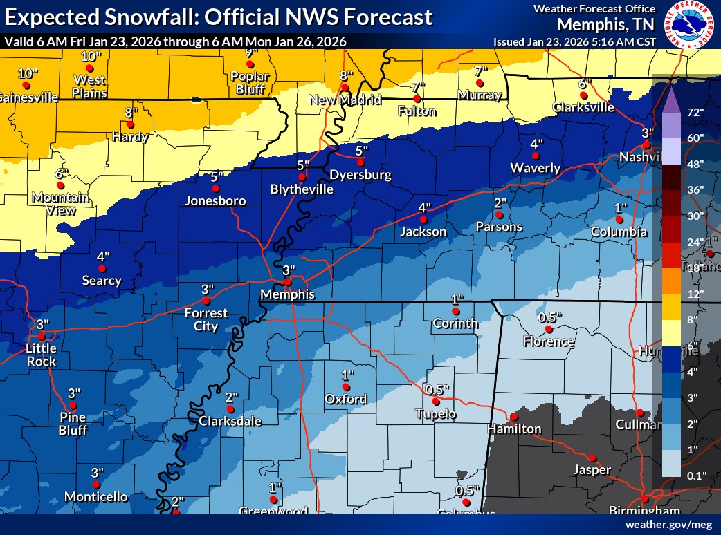 memphisweather1's tweet photo. Daytime hours today will be cold (30s) and windy (gusts to 30 mph), but dry. Final prep should be completed for a prolonged winter storm, and even longer period of #StupidCold. Sleet/snow/freezing rain starts in earnest by sunrise tomorrow and ends midday Sunday. (Snow total includes sleet, which could be half that shown.)