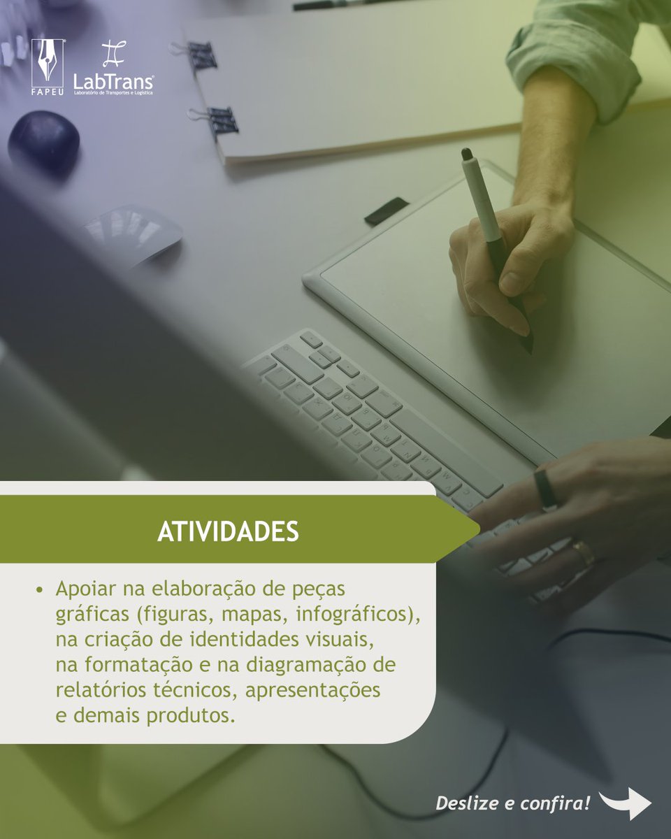 LabtransUFSC's tweet image. 🎨 Você é estudante de Design e manda bem com softwares gráficos? Então essa vaga é pra você!

O LabTrans está com vaga aberta para graduandos em Design (a partir da 3ª fase), com atividades voltadas à criação de identidades visuais, peças gráficas (como infográficos e mapas),…
