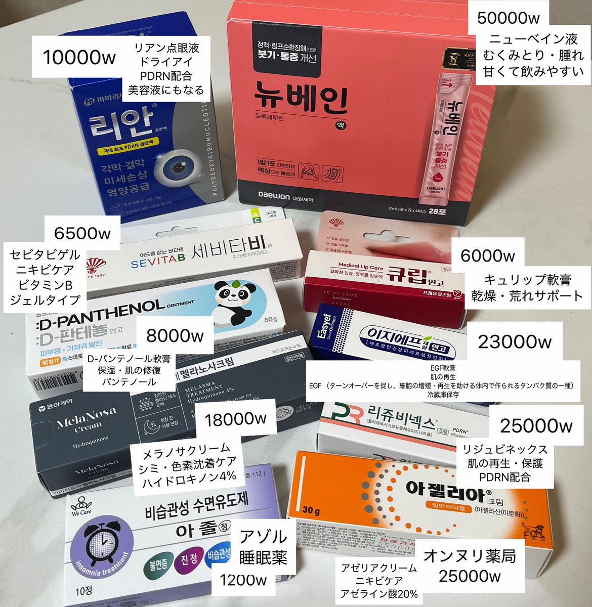 chi_uuuuu's tweet photo. 韓国薬局購入品

ニキビ・ニキビ跡ケアメインで選んだ~

むくみやすいのでニューベイン液も❕

ナムシ薬局で売り切れだったからアゼリアクリームだけ鐘路オンヌリ薬局で購入 https://t.co/c003ZNQKUE