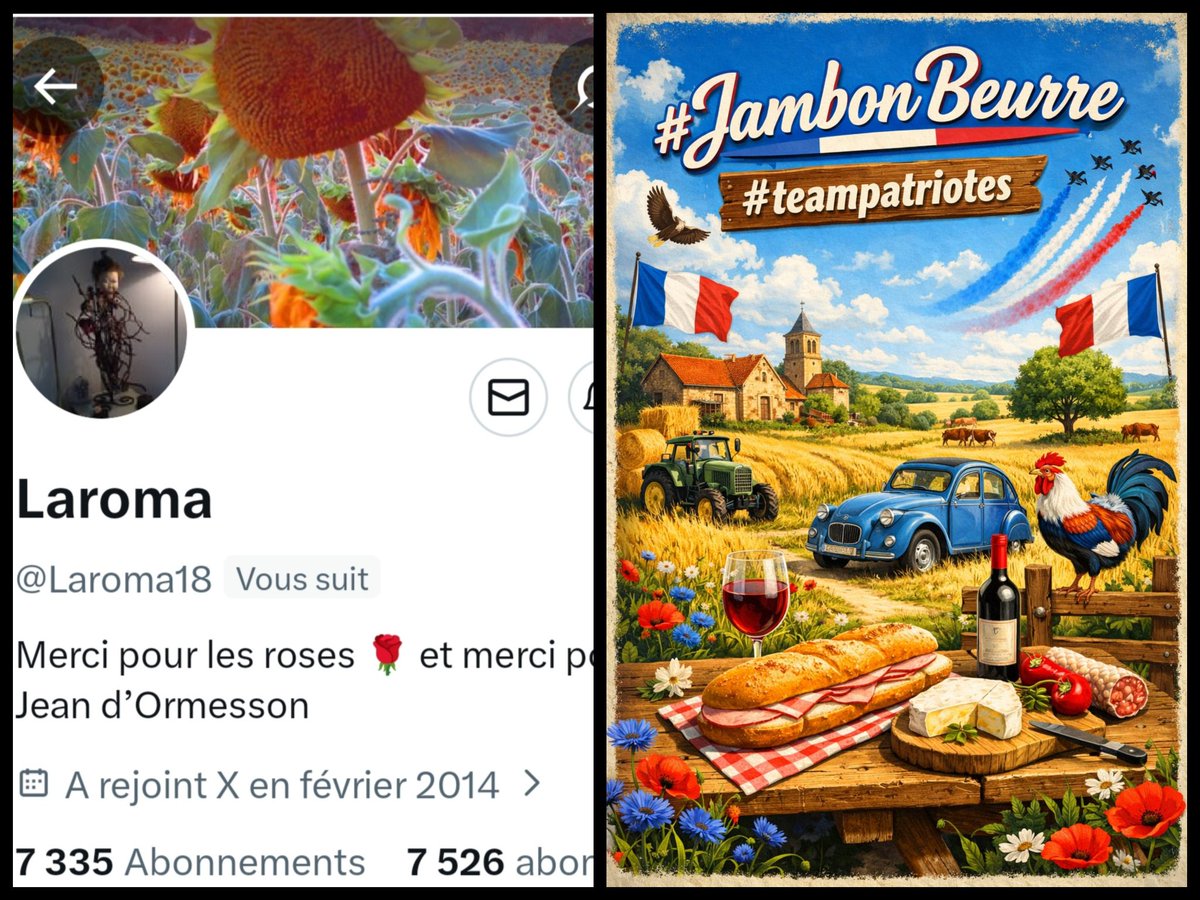 INFO🚨Merci de partager!
Mes amis abonnés😉
Ainsi que l'équipe #JambonBeurre #TeamPatriotes🇨🇵
Notre amie <a href="/Laroma18/">Laroma</a>  👍
Aurait besoin d'un petit coup de pouce pour grossir sa TL!🥳
Merci de vous abonner à elle!🙏
Et n'oubliez pas!😉
Tous ensemble nous sommes plus forts!🇨🇵
