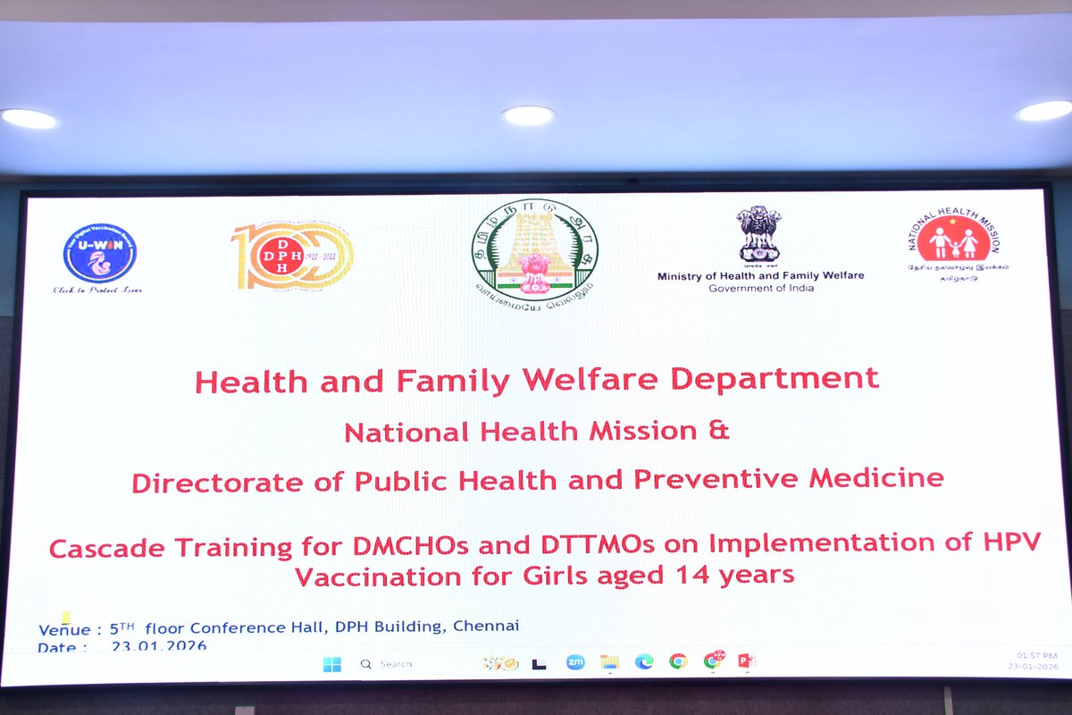 TNDPHPM's tweet photo. Training to DTTMOs &amp; DMCHOs on HPV vaccination: 

The National Health Mission and Directorate of PH &amp; PM organized an Orientation training, for implementation of HPV vaccination in adolescent girls aged 14 years, for DTTMOs &amp; DMCHOs. https://t.co/Fxvd4K4bMu