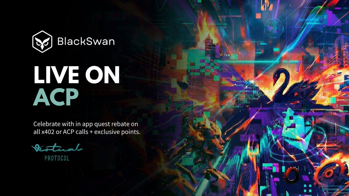BlackSwan live on ACP. 

Our first two risk models are live on <a href="/virtuals_io/">Virtuals Protocol</a> ACP. Before our token has even launched 👀

Flare. Catch things before they happen. Max 15 min window. Agent super powers on when to pause. 

Core. More context as risk events unfold. 1 hour context