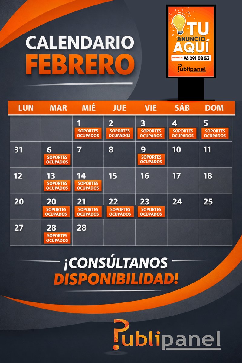 Enero llega a su fin y febrero ya está prácticamente completo. 📆
Si estás planificando campañas para San Valentín o lanzamientos estratégicos, ahora es el momento de bloquear tus ubicaciones.
 📩 albapubli@publipanel.es | 🔗 publipanel.es
#Ventas #PlanDeMarketing