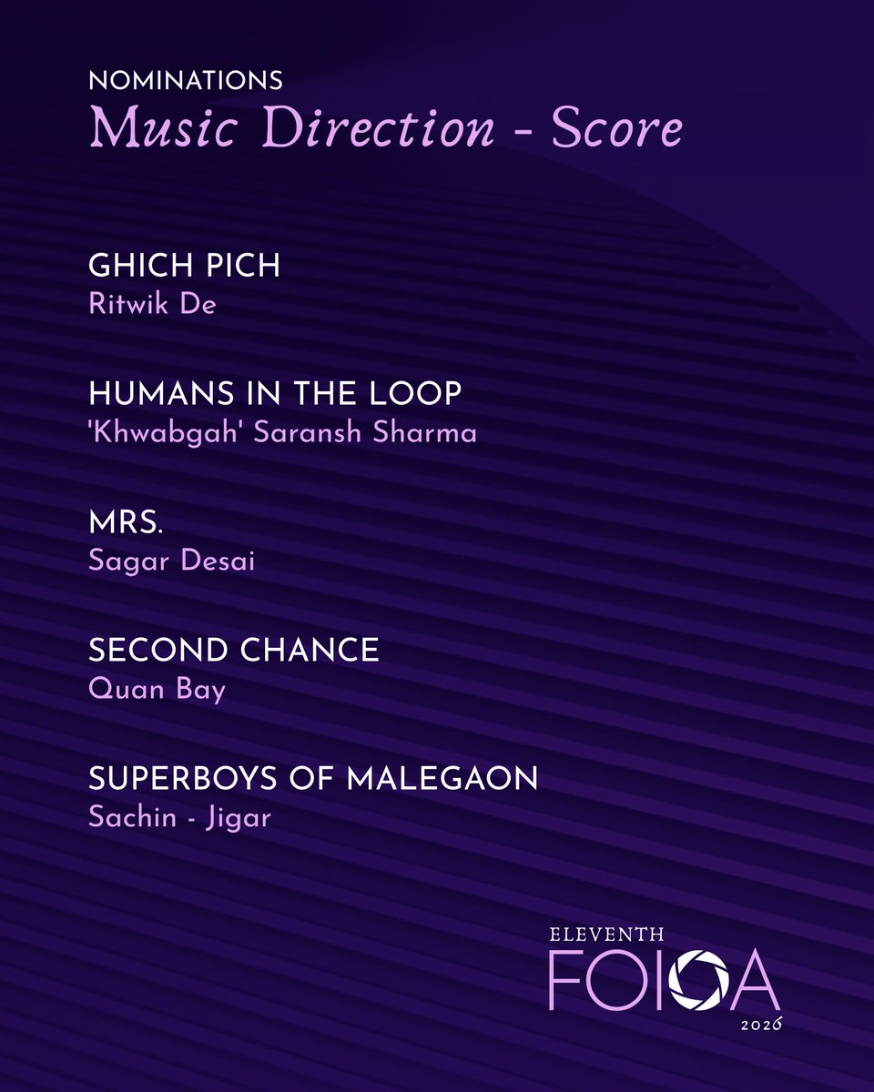 foionlineawards's tweet photo. #11thFOIOA Nominations for Best MUSIC DIRECTION – SCORE
@saggydcomposer @QuanBay @SachinJigarLive
#GhichPich #HumansInTheLoop #Mrs #SecondChance #SuperboysOfMalegaon https://t.co/aFUmBLGR6J