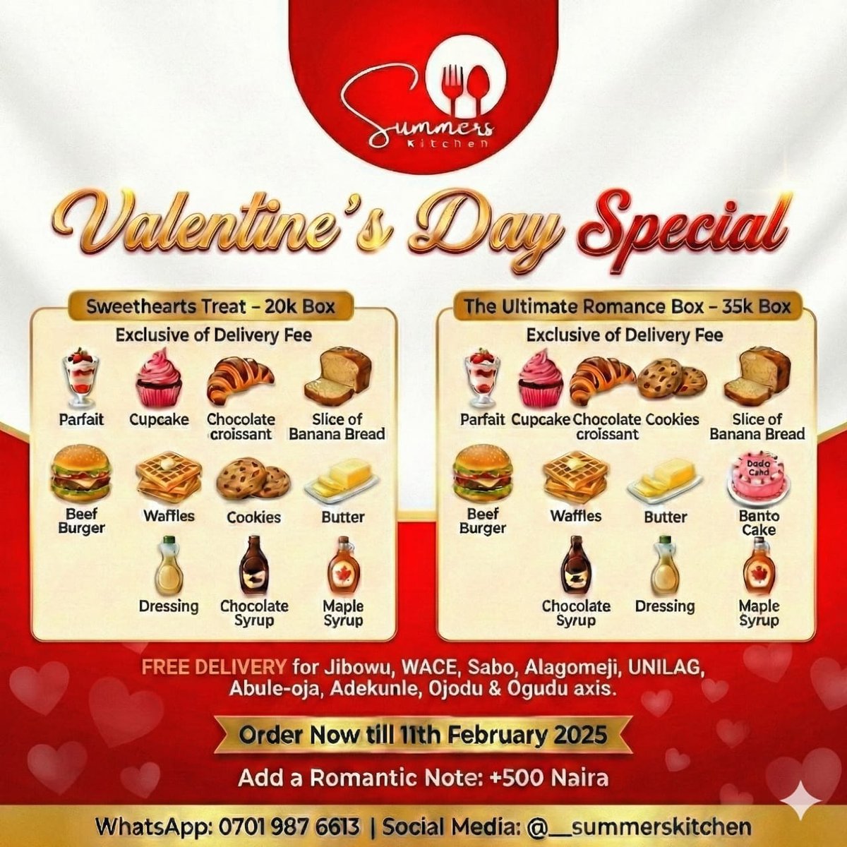 Love is sweeter when food is involved ❤️🍓

This Valentine’s Day, surprise your person with our special boxes.
Orders are open till 11th February.

FREE DELIVERY in Ojodu, Ogudu, Unilag, Sabo, Jibowu, Alagomeji, Ebute-Metta &amp; Abule-Oja axis!