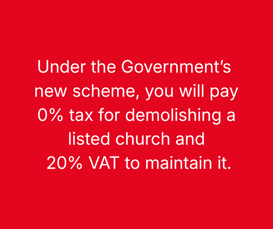 NatChurchTrust's tweet image. From April 1, listed places of worship will have to bear the full cost of VAT on repairs. This brings to an end a system that has operated successfully for 20+ years. Local people will have to raise money not just to repair roofs and towers but to pay a 20% tax to the Government.
