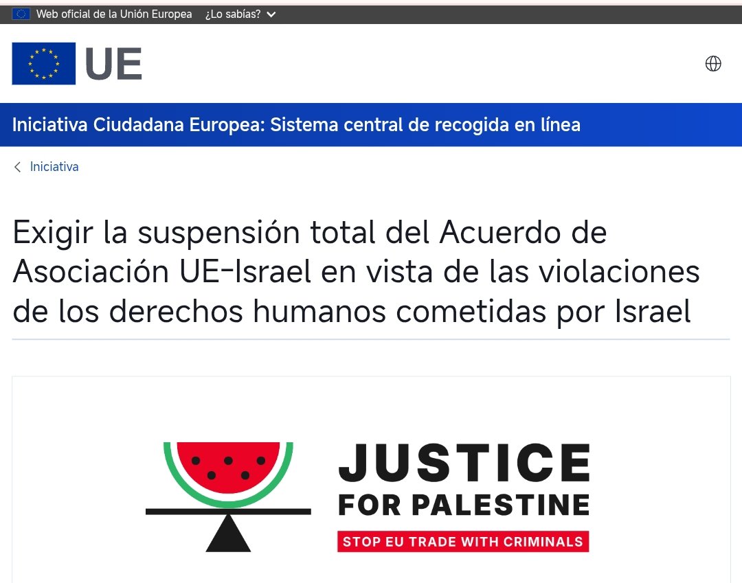 ¿Habéis firmado ya?
Toda buena persona que viva en Europa debe firmar para que la Unión Europea cumpla la ley y rompa con Israel.
Para que sea válido hacen falta 1 millón de firmas 
eci.ec.europa.eu/055/public/#/s…