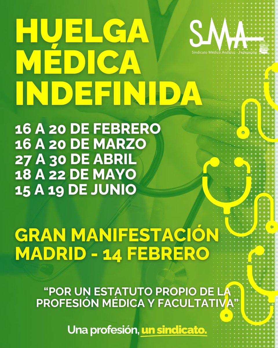 📢 Convocatoria de una huelga nacional indefinida de médicos y facultativos contra el borrador de Estatuto Marco del Ministerio de Sanidad

➡️ Unidos por un Estatuto propio de la profesión médica y facultativa